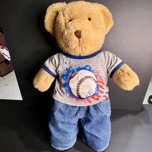 Authentic Build-A-Bear 16" Teddy Bear Plush Toy Tan Baseball Outfit Jeans Sporty